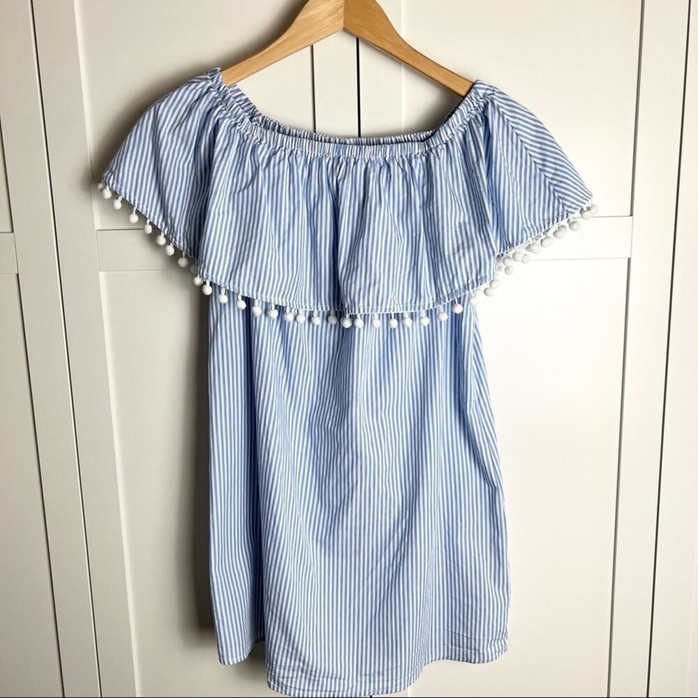 Forever 21 blue striped off shoulder Pom Pom dress
